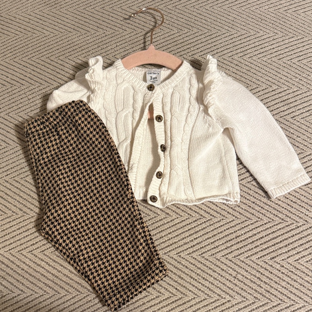 Carter’s Baby Girl 3M White Cable Knit Cardigan + Houndstooth Leggings Outfit